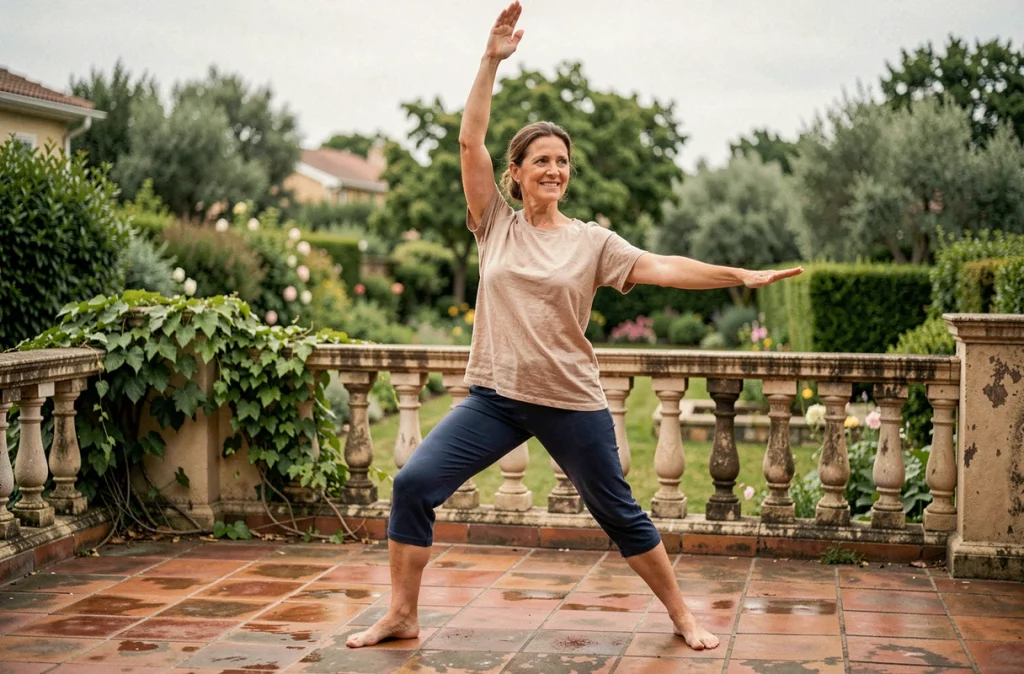 Femme d'une cinquantaine d'années en posture de guerrier yoga doux sur une terrasse avec vue sur un jardin verdoyant