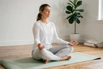 Femme pratiquant le yoga doux en position méditative sur un tapis de yoga vert sauge dans un salon minimaliste lumineux