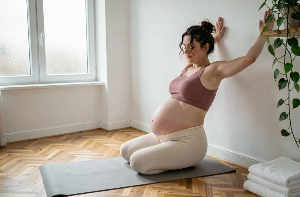 Femme enceinte réalisant un étirement prénatal contre un mur dans un salon lumineux aménagé pour le yoga