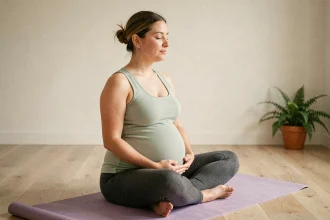 Femme enceinte pratiquant une pose de méditation assise lors d'un cours de yoga prénatal dans un studio minimaliste