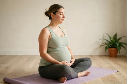 Femme enceinte pratiquant une pose de méditation assise lors d'un cours de yoga prénatal dans un studio minimaliste