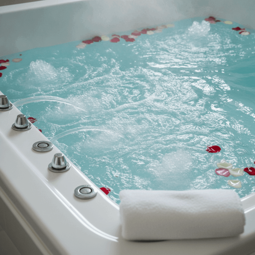 Gros plan sur les jets d'hydromassage d'un jacuzzi privatif rempli d'eau