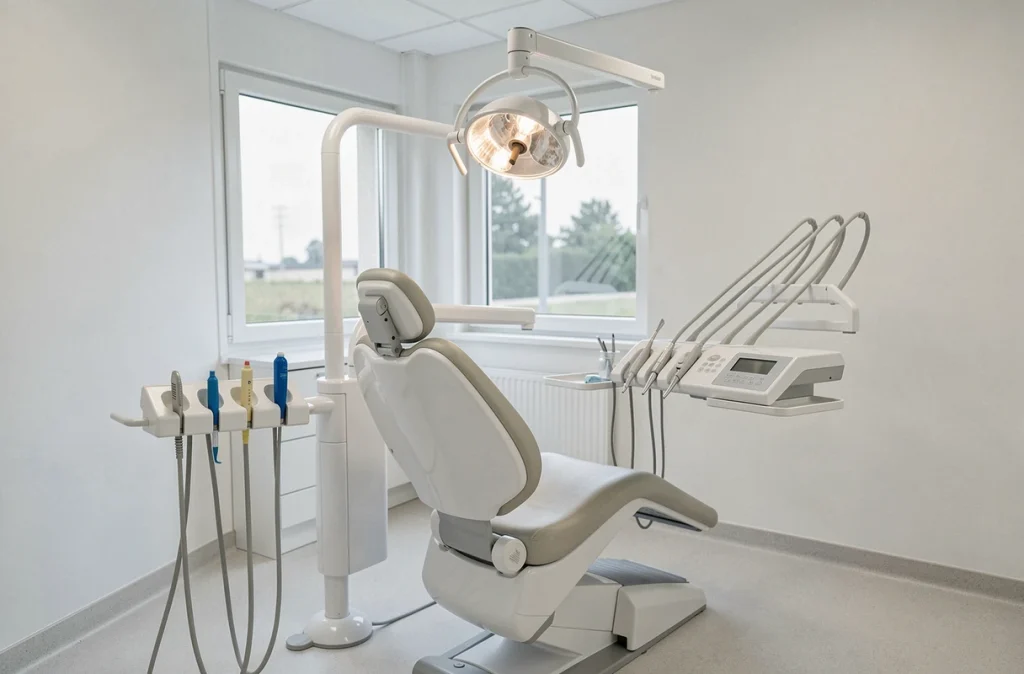 Salle de soin dentaire équipée avec fauteuil et instruments au Centre Dentaire Mutualiste AÉSIO Santé de Firminy