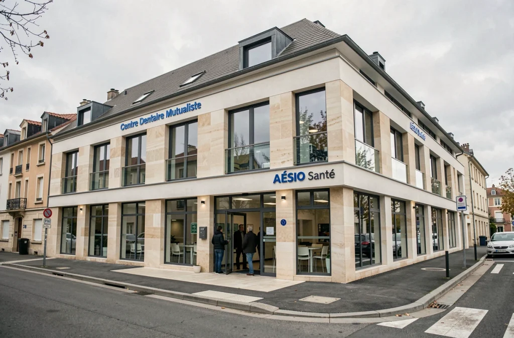Façade extérieure du Centre Dentaire Mutualiste AÉSIO Santé de Roanne avec des patients entrant dans le bâtiment