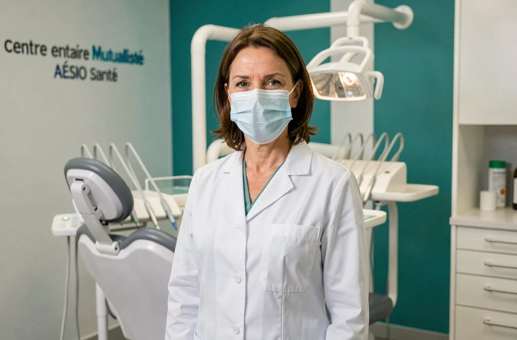 Dentiste souriante en blouse blanche devant un fauteuil dentaire moderne au Centre Dentaire Mutualiste AÉSIO Santé de Saint-Étienne
