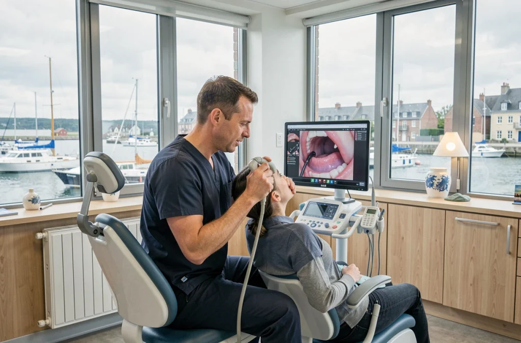 Dentiste du Centre Dentaire de Lorient utilisant une caméra intra-orale avec vue sur le port
