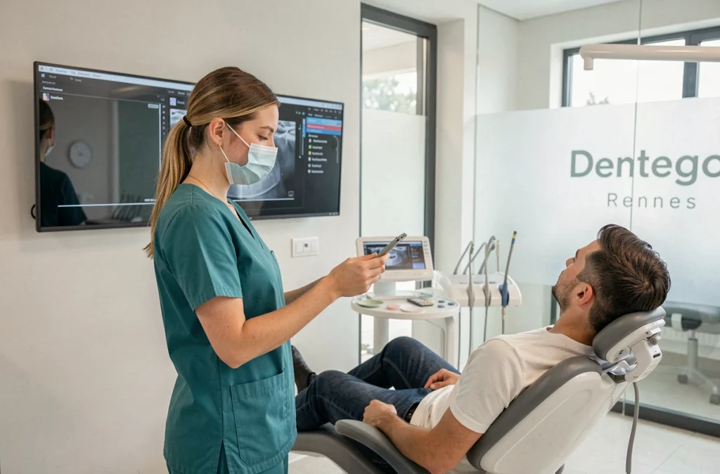 Dentiste Dentego Rennes analysant des radiographies dans une salle de soin moderne