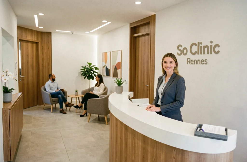 Salle d'accueil moderne et chaleureuse du centre dentaire So Clinic à Rennes