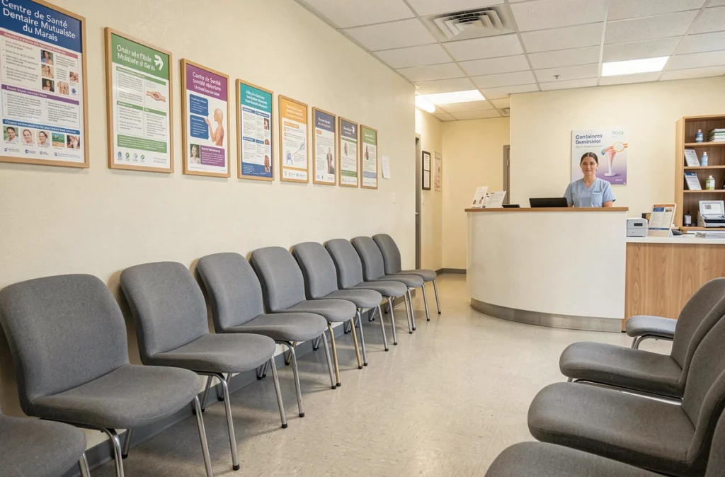Salle d'attente du Centre de Santé Dentaire Mutualiste du Marais avec des chaises grises et un bureau d'accueil en arrière-plan