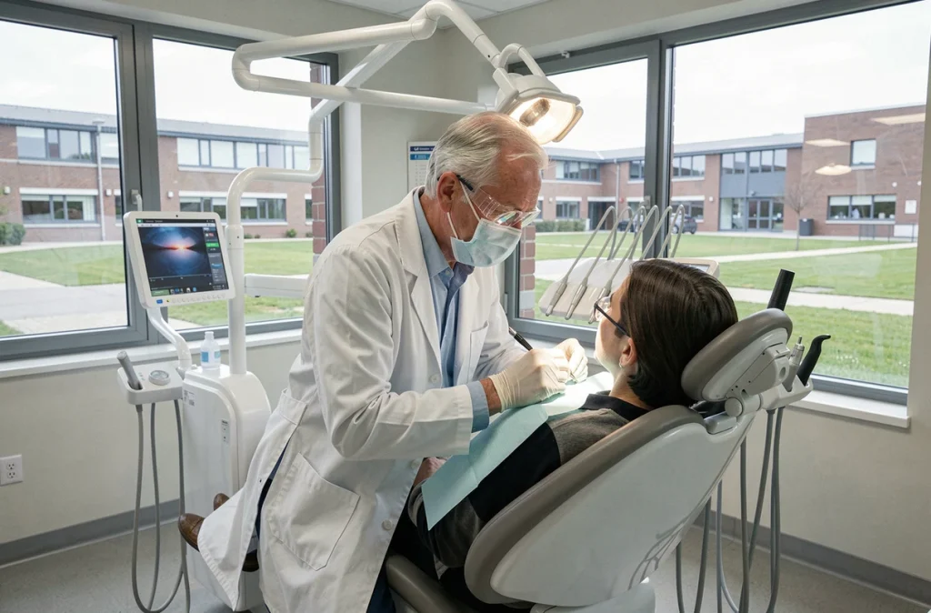 Dentiste du CHU Rennes réalisant un examen dentaire dans un cadre hospitalier universitaire