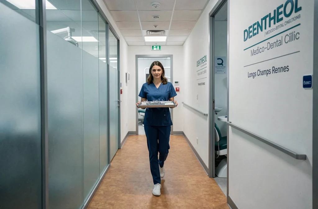 Couloir de la clinique médico-dentaire DENTHEOL des Longs Champs à Rennes