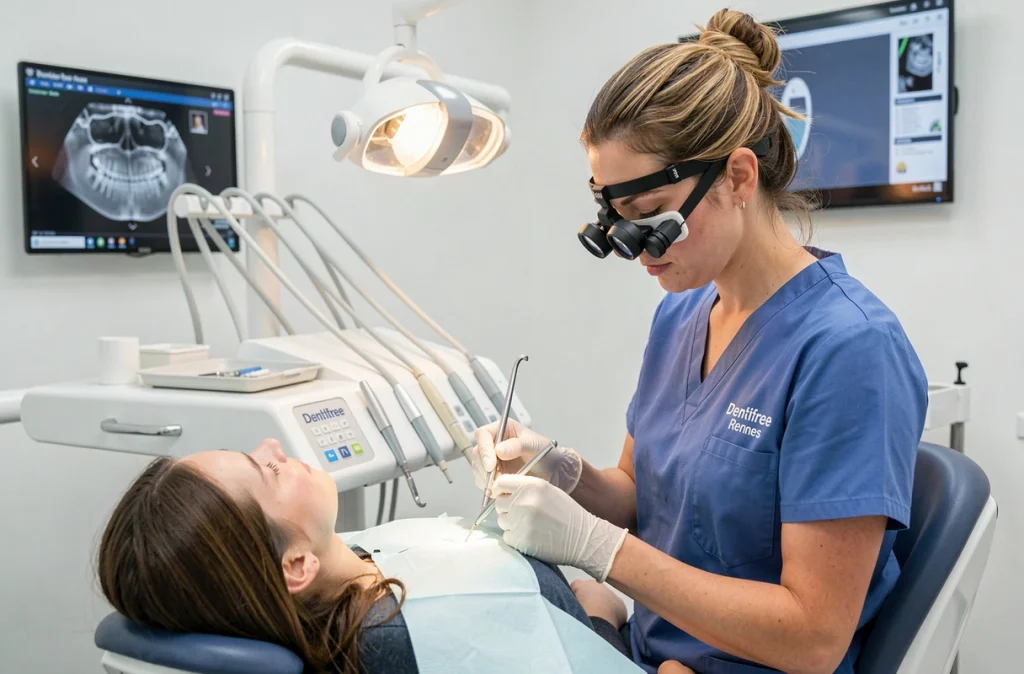 Dentiste Dentifree Rennes en pleine procédure dentaire avec son patient