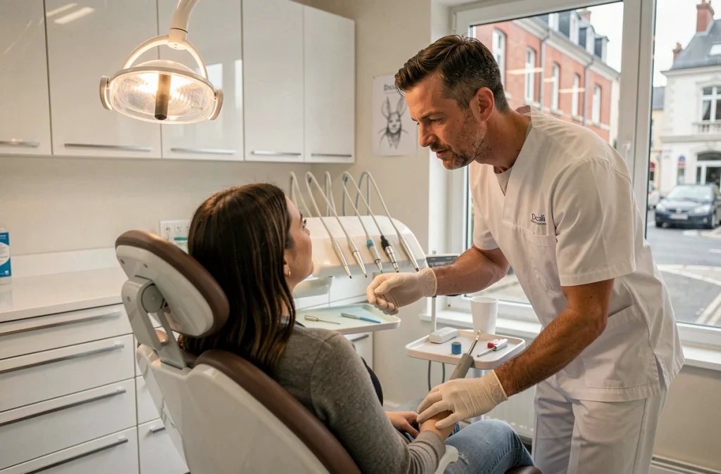 Dentiste du centre Docali Rennes Colombier en consultation avec un patient