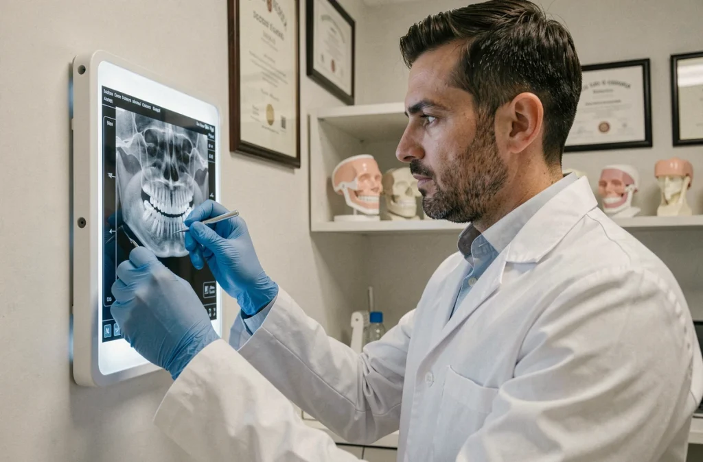Dentiste masculin en blouse blanche examinant une radiographie dentaire dans le cabinet du Docteur Florin Giurgia