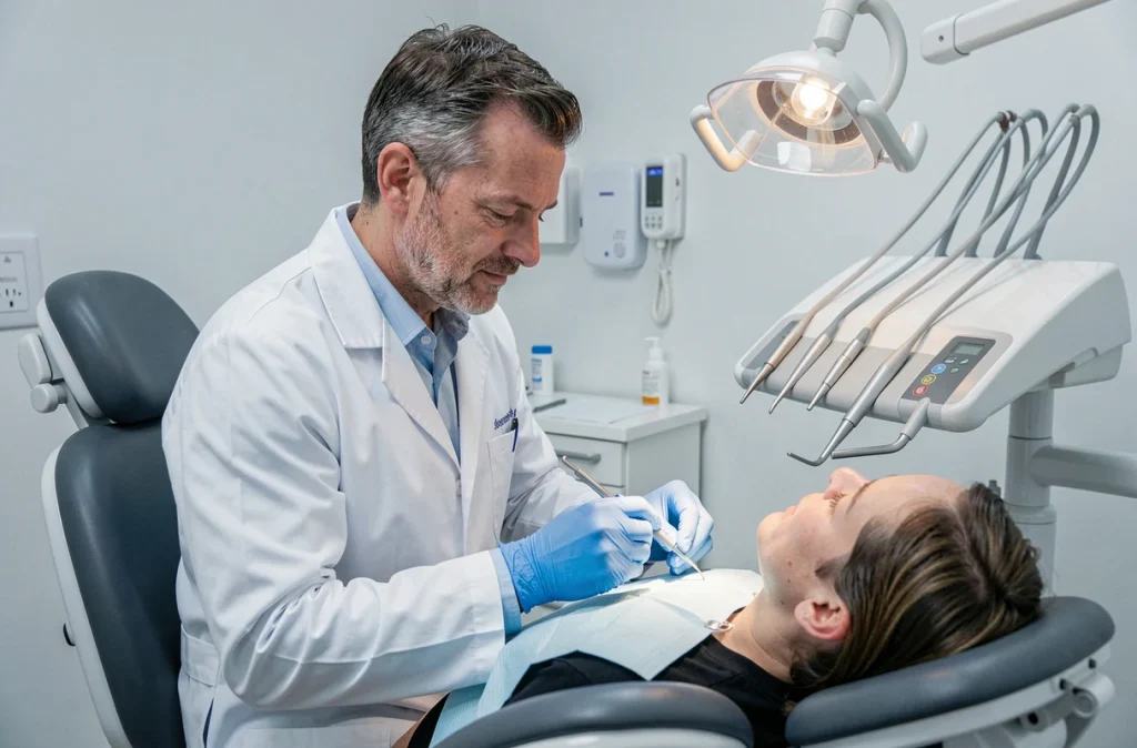 Dentiste en blouse blanche et gants effectuant un soin dentaire sur un patient dans le cabinet du Dr Boncompain Frédéric