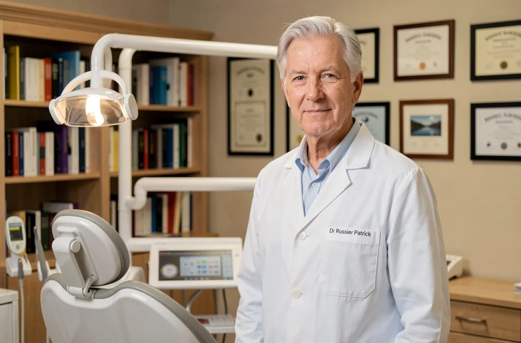 Dentiste senior en blouse blanche debout dans son cabinet bien établi, représentant le Dr Russier Patrick à la Loire