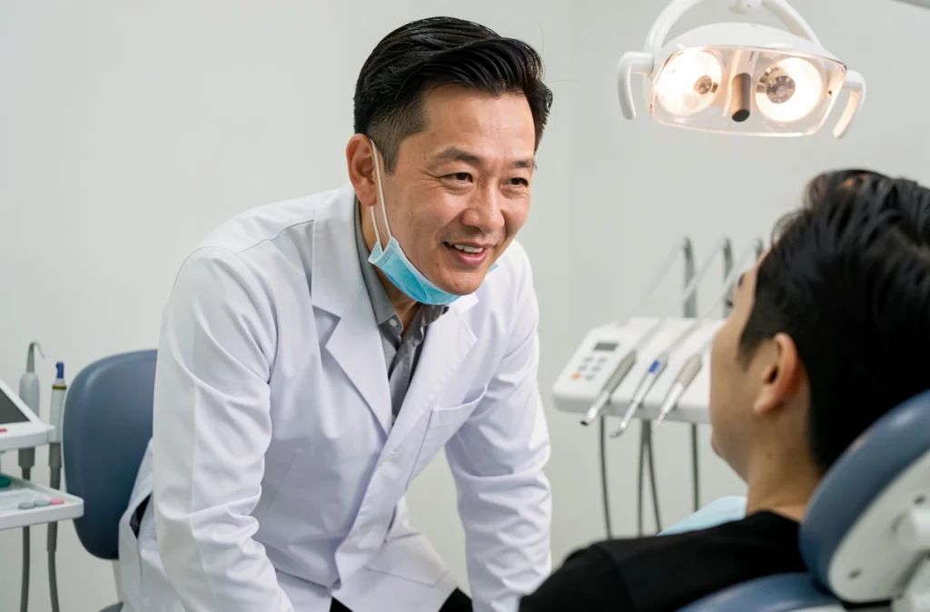 Dentiste en blouse blanche discutant avec un patient dans son cabinet, représentant le Dr Tran Duc Minh