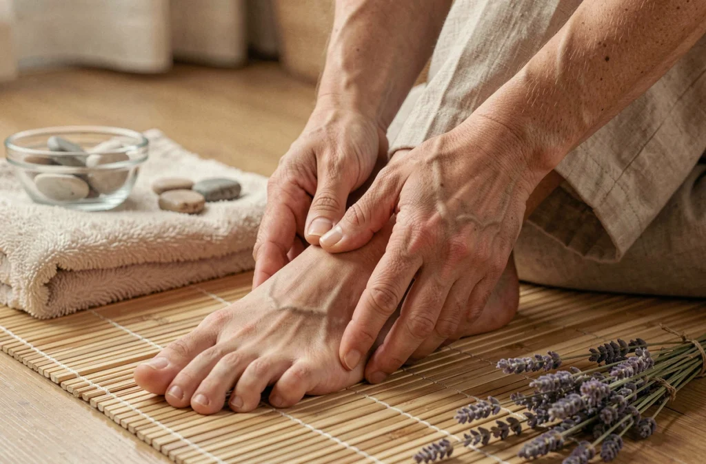 Gros plan de mains massant les points réflexes des pieds lors d'un rituel bien-être en couple