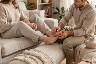 Couple partageant un moment de bien-être à deux avec un massage des pieds sur le canapé à la maison