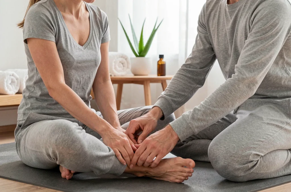 Séance de massage des points des pieds en couple sur tapis de yoga dans un espace bien-être à domicile